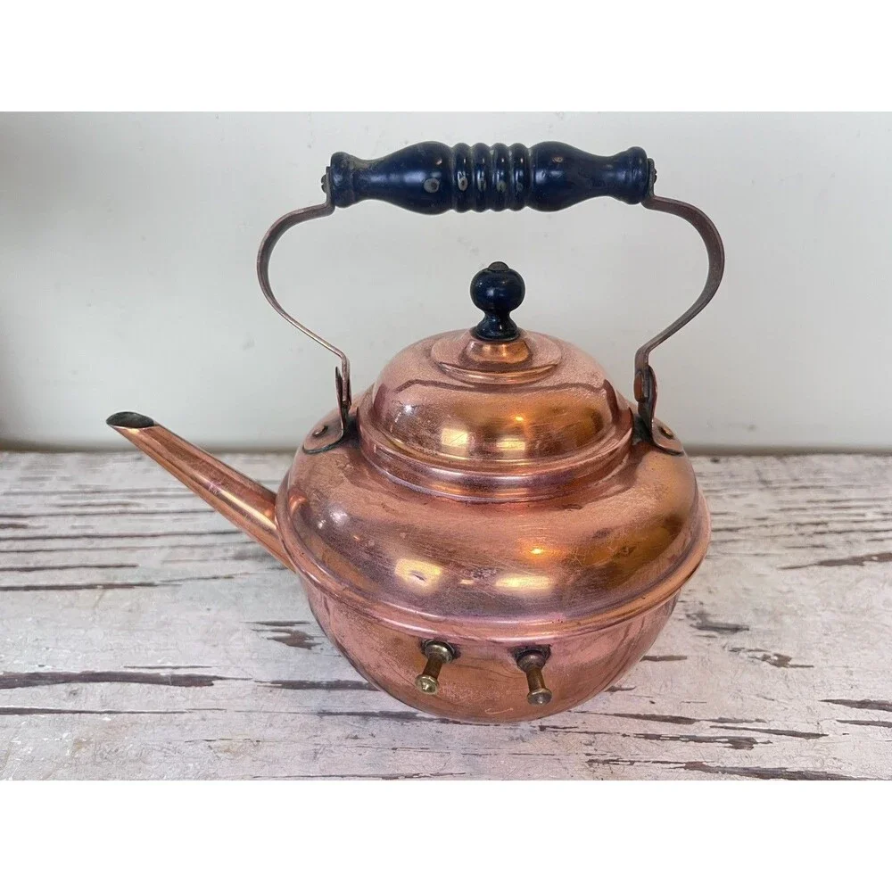 Vintage Small Copper Tea Kettle With Wood Handle Cottage Core 8” x 6” Country